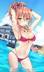  akagi_miria arms_up ass_visible_through_thighs bikini blue_sky blush bow bracelet breasts cleavage cloud cloudy_sky contrapposto cowboy_shot day dutch_angle eyebrows_visible_through_hair glint hair_between_eyes hair_bow idolmaster idolmaster_cinderella_girls innertube jewelry jougasaki_mika jougasaki_rika large_breasts looking_at_viewer mouth_hold multi-strapped_bikini multiple_girls navel necklace outdoors pink_hair ponytail purple_bikini reclining sabet_(young_ouo) sky standing star star_necklace swimsuit wading yellow_eyes 