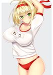  ahoge arms_up bangs blonde_hair blush breasts buruma cleavage closed_mouth collarbone contrapposto cowboy_shot eyebrows_visible_through_hair fate/grand_order fate_(series) green_eyes grey_background gym_uniform hair_intakes hairband highres large_breasts looking_at_viewer midriff nero_claudius_(fate) nero_claudius_(fate)_(all) olympian_bloomers sankakusui sidelocks simple_background smile solo standing stretch thighs tsurime 