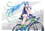  aqua_hair bicycle bike_jersey bike_shorts black_gloves blue_hair bottle commentary_request fingerless_gloves gloves goodsmile_company goodsmile_racing gradient_hair green_footwear green_hair ground_vehicle hand_up hatsune_miku highres long_hair looking_at_viewer multicolored_hair open_mouth racing_miku racing_miku_(2015) shoes sidelocks sneakers solo very_long_hair vocaloid water_bottle zoff_(daria) 