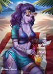  1girl alternate_costume aroma_sensei artist_name beach bikini blue_skin bracelet breasts cleavage collar collarbone glass hoop_earrings iphone lips nail_polish ocean sand solo sunglasses sunglasses_on_head tattoo tetris web_address widowmaker_(overwatch) yellow_eyes 