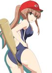  aoba_kazane ass baseball_bat baseball_cap between_buttocks blue_swimsuit brown_eyes brown_hair competition_swimsuit gobanme_no_mayoi_neko hand_on_hip hat highres holding keijo!!!!!!!! long_hair looking_at_viewer one-piece_swimsuit parted_lips ponytail red_hat sidelocks simple_background solo standing swimsuit white_background 