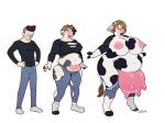  2018 anthro big_breasts blackshirtboy blush bovid bovine breast_growth breasts cattle clothed clothing female gender_transformation hair happy huge_breasts human human_to_anthro jeans legwear male mammal mtf_transformation nipples open_mouth overweight overweight_female pants sequence shirt short_hair simple_background smile socks solo standing teats torn_clothing transformation udders weight_gain white_background wide_hips 