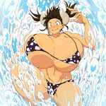  animal_humanoid big_breasts bikini blush bovine breasts brown_hair cattle clothed clothing cow_humanoid cow_print female hair hataraki_ari horn huge_breasts humanoid mammal navel short_hair solo sukimi_(hataraki) sweat sweatdrop swimsuit water yellow_eyes 