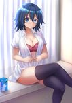  black_hair blue_eyes blush bra breasts cleavage crossed_legs dress_shirt eyebrows_visible_through_hair gamers! highres hoshinomori_chiaki indoors juice_box kazenokaze large_breasts looking_at_viewer milk no_pants open_clothes open_shirt shirt short_hair sitting solo thighhighs underwear undressing window 