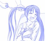  aho_girl banana blue cutting cutting_hair food fruit greyscale hanabatake_yoshiko highres holding holding_hair monochrome nose_bubble scissors sleeping twintails viperxtr 