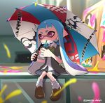 :3 absurdres bangs bike_shorts blue_hair blunt_bangs bow bowtie cardigan cup domino_mask drinking drinking_straw full_body highres inkling loafers long_hair mask paint pink_eyes pleated_skirt pointy_ears puchiman school_uniform shoes sitting skirt smile socks solo splatoon_(series) splatoon_2 tentacle_hair umbrella wavy_mouth 