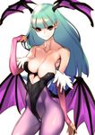  &gt;:) artist_name bangs bat_wings black_leotard blunt_bangs breasts bridal_gauntlets cleavage collarbone demon_girl dytm green_hair head_wings heart_cutout highres large_breasts leotard long_hair looking_at_viewer morrigan_aensland pantyhose purple_legwear purple_wings red_eyes skin_tight smile solo strapless strapless_leotard v-shaped_eyebrows vampire_(game) very_long_hair white_background wings 