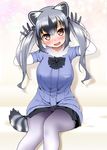  alternate_hair_length alternate_hairstyle animal_ear_fluff animal_ears black_skirt blue_dress blush breasts brown_eyes commentary_request common_raccoon_(kemono_friends) dress elbow_gloves eyebrows_visible_through_hair fang feet_out_of_frame fur_trim gloves gradient_gloves gradient_legwear grey_gloves grey_hair hayashi_(l8poushou) highres kemono_friends large_breasts long_hair looking_at_viewer open_mouth panties pantyhose pantyshot pantyshot_(sitting) pleated_skirt raccoon_ears raccoon_tail ribbon shadow sitting skirt smile solo striped_tail tail twintails underwear white_gloves 