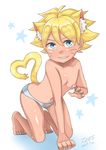  ahoge animal_ears blonde_hair blue_eyes blue_nails blush boruto:_naruto_the_movie cat_ears cat_tail catboy dated fingernails full_body grin heart heart_tail highres kanchaji looking_at_viewer male_focus nail_polish naruto naruto_(series) otoko_no_ko panties signature smile solo striped striped_panties tail toenail_polish underwear uzumaki_boruto 