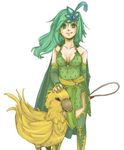  animal aqua_hair arm_behind_back bare_shoulders bird breasts bridal_gauntlets cape chocobo cleavage closed_mouth collarbone commentary_request dress earrings eyebrows_visible_through_hair feathers final_fantasy final_fantasy_iv gloves green_cape green_dress green_eyes green_gloves green_legwear hair_ornament jewelry long_hair looking_at_viewer older petting rydia simple_background sleeveless sleeveless_dress small_breasts smile spoilers standing star star_earrings thighhighs whip white_background yorkie 
