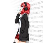  against_wall black_legwear black_sweater blue_neckwear cardigan chewing_gum from_side hair_between_eyes hand_in_pocket headphones long_hair looking_at_viewer love_live! love_live!_school_idol_project miniskirt necktie nishikino_maki open_cardigan open_clothes pleated_skirt purple_eyes red_hair red_skirt roaru_(gyuren) shirt skirt solo standing sweater thighhighs white_background white_shirt zettai_ryouiki 