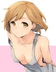  absurdres arms_behind_back bad_id bad_twitter_id bare_shoulders breasts brown_eyes brown_hair cleavage collarbone djeeta_(granblue_fantasy) eyebrows_visible_through_hair granblue_fantasy highres koretsuki_azuma leaning_forward looking_at_viewer mechanic_(granblue_fantasy) medium_breasts naked_overalls no_bra overalls parted_lips short_hair simple_background solo strap_slip 