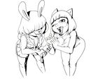  almonds_(artist) animal_humanoid arthur_(series) bent_over black_and_white bob_cut breasts cat_humanoid clothing crossover dress drooling duo feline female hair hair_over_eyes humanoid lagomorph mammal molly_macdonald monochrome open_mouth pussycat_(takena_nagao) rabbit saliva smile suggestive suggestive_gesture tongue tongue_out 