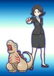  ambiguous_gender armless black_hair blue_eyes business_suit clothing crossover daraku48 duo fak&eacute;mon female footwear frown gills godzilla godzilla_(series) gradient_background hair human kaiju kamata-kun lizard mammal nintendo ogashira_hiromi open_mouth pok&eacute;ball pok&eacute;mon reptile scalie shoes simple_background suit video_games 