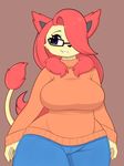  2017 anthro bangs breasts clothed clothing delcatty eyewear feline female fur glasses hair hair_over_eye hi_res jeans long_hair mammal multi_tail nintendo pants pink_hair pinkcappachino pok&eacute;mon pok&eacute;morph purple_eyes shiny_pok&eacute;mon simple_background smile solo sweater tan_fur video_games 