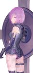  ass black_gloves blood blood_on_face blush_scarlet broken bruise bruise_on_face elbow_gloves fate/grand_order fate_(series) gloves hair_over_one_eye holding_shield injury leotard looking_at_viewer looking_back mash_kyrielight purple_eyes purple_hair purple_leotard shield shiny shiny_skin short_hair simple_background solo thigh_strap torn_clothes torn_gloves white_background 