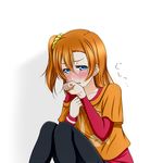  black_pants blue_eyes brown_hair clothes_writing collarbone crying crying_with_eyes_open hair_between_eyes hair_ornament hair_scrunchie kousaka_honoka long_hair looking_at_viewer love_live! love_live!_school_idol_project one_side_up orange_shirt pants red_shirt roaru_(gyuren) scrunchie shirt simple_background sitting solo sweatband tears white_background yellow_scrunchie 