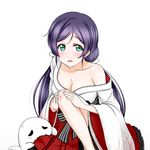  aqua_eyes blood breasts bruise cleavage collarbone eyebrows_visible_through_hair hair_ribbon hakama injury japanese_clothes kimono large_breasts long_hair looking_at_viewer love_live! love_live!_school_idol_festival love_live!_school_idol_project off_shoulder open_mouth purple_hair red_hakama ribbon roaru_(gyuren) simple_background solo toujou_nozomi twintails very_long_hair white_background white_kimono white_ribbon 