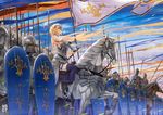  armor army blonde_hair blue_eyes cloud commentary_request fate/apocrypha fate_(series) flag headpiece helmet holding holding_flag horse jeanne_d'arc_(fate) jeanne_d'arc_(fate)_(all) jun_ling knight long_hair polearm purple_legwear shield sky solo_focus spear sunset sword thighhighs war weapon 