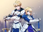  1girl ahoge armor armored_dress arthur_pendragon_(fate) artoria_pendragon_(all) asaya_minoru blonde_hair blouse blue_eyes breastplate excalibur excalibur_(fate/prototype) fate/grand_order fate/prototype fate/stay_night fate_(series) gauntlets green_eyes looking_at_viewer pauldrons saber sword twitter_username weapon 