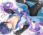  alternate_costume black_gloves black_pants blue_eyes cherry_blossoms collarbone elbow_gloves gloves idolmaster idolmaster_side-m japanese_clothes ju_(eternal31d) looking_at_viewer looking_to_the_side lying male_focus on_back pants pectorals petals solo taiga_takeru upside-down 