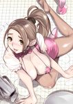  :p accident ass bikini_top blush bow bowtie breasts brown_eyes brown_hair brown_legwear detached_collar dytm flying_sweatdrops from_above full_body highres large_breasts long_hair looking_at_viewer miniskirt nose_blush on_floor original pink_footwear pink_skirt ponytail pool_monitor_part-timer_(dytm) shoes short_sleeves skirt smile solo teapot tongue tongue_out tray waitress wet 