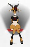  2017 antelope anthro antlers bottomless clothed clothing disney ear_piercing ecmajor edit eyebrow_piercing facial_piercing female footwear gazelle gazelle_(zootopia) hair hi_res hooves horn lip_piercing looking_at_viewer mammal navel piercing sitting solo thick_thighs traditional_media_(artwork) wide_hips zootopia 