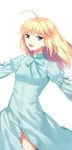  :d ahoge artoria_pendragon_(all) blonde_hair blue_dress dress eyebrows_visible_through_hair fate/stay_night fate_(series) floating_hair green_eyes long_hair looking_at_viewer neck_ribbon open_mouth outstretched_arms ribbon saber simple_background smile solo white_background yaho_(yaho0211) 