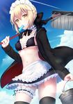  apron artoria_pendragon_(all) artoria_pendragon_(swimsuit_rider_alter) bangs black_bow black_legwear black_skirt blonde_hair blue_sky bow braid breasts bucket cloud cloudy_sky commentary_request condensation_trail contrapposto cowboy_shot day fate/grand_order fate_(series) food frilled_apron frills hair_bow hand_up highres hio_(hiohio0306) holding hood hoodie leg_garter lens_flare looking_at_viewer medium_breasts mop mouth_hold navel open_clothes open_hoodie outdoors popsicle sidelocks skirt sky solo standing thighhighs thighs tsurime underboob waist_apron yellow_eyes 