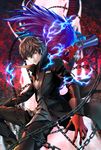  amamiya_ren arsene_(persona_5) black_hair black_pants chain gloves grey_shirt hair_between_eyes highres joker_(persona_2) looking_at_viewer male_focus pants parted_lips persona persona_5 red_eyes red_gloves sanakichi shirt smile solo spiked_hair 