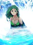  bangs bare_shoulders breasts cape cleavage commentary_request d: detached_sleeves dress final_fantasy final_fantasy_iv green_cape green_dress green_eyes green_hair hair_ornament large_breasts long_hair looking_at_viewer older open_mouth parted_lips rydia solo spoilers swept_bangs teeth tsutsupiku two-tone_background upper_body wavy_hair 