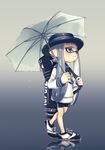  absurdres bag bangs bike_shorts blue_eyes blunt_bangs blush crying domino_mask full_body grey_hair highres inkling long_hair long_sleeves mask pointy_ears puchiman reflection sad sailor sailor_collar shoes sneakers solo splatoon_(series) splatoon_2 tears tentacle_hair umbrella water_drop 