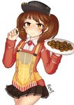  absurdres apron artist_name bare_legs brown_eyes brown_hair commentary eyebrows food highres holding holding_food holding_plate jacy japanese_clothes kantai_collection kariginu long_sleeves looking_at_viewer magatama plate pleated_skirt ryuujou_(kantai_collection) skirt smile solo takoyaki toothpick twintails visor_cap 
