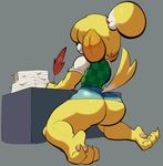  2017 5_fingers absurd_res animal_crossing anthro bottomless butt canine clothed clothing desk digital_media_(artwork) dog fur hi_res isabelle_(animal_crossing) lilmoonie mammal nintendo office paws simple_background smile solo upskirt video_games yellow_fur 