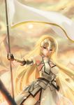  armor banner blonde_hair breasts cleavage day eyebrows_visible_through_hair fate/apocrypha fate_(series) floating_hair gauntlets highres holding holding_weapon jeanne_d'arc_(fate) jeanne_d'arc_(fate)_(all) leaf19 long_hair looking_at_viewer medium_breasts outdoors purple_eyes sideboob solo standing very_long_hair weapon 