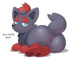  2017 acstlu anus big_butt blue_eyes butt dialogue english_text female feral hi_res looking_at_viewer looking_back nintendo pok&eacute;mon pussy simple_background solo text video_games white_background zorua 
