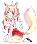  :3 :d ahoge animal_ears arm_support bell bell_choker between_legs blonde_hair blue_eyes blush choker claw_pose commentary_request detached_sleeves esureki eyebrows_visible_through_hair fang fox_ears fox_girl fox_tail hair_between_eyes hair_bobbles hair_ornament hair_ribbon hairclip hakama hakama_skirt hand_between_legs hand_up japanese_clothes jingle_bell long_hair long_sleeves looking_at_viewer miko open_mouth original purple_ribbon red_hakama ribbon sidelocks simple_background sitting smile solo striped striped_ribbon tabi tail tareme twintails v-shaped_eyebrows wariza white_background white_legwear white_sleeves wide_sleeves zouri 