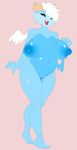  2017 4_fingers 4_toes absurd_res anthro bat24 belly big_belly big_breasts big_thighs biped blue_belly blue_body blue_eyes blue_nipples blue_pussy breasts cheek_tuft curved_horn digital_drawing_(artwork) digital_media_(artwork) dragon eyelashes fangs feathered_wings feathers feet female front_view full-length_portrait goo_creature guide_lines hair half-closed_eyes hi_res horn huge_breasts humanoid_feet humanoid_hands navel nipples nude one_eye_closed open_mouth open_smile overweight overweight_female pink_background plantigrade portrait puffy_nipples pussy short_hair simple_background slime small_wings smile solo standing toes tuft voluptuous white_hair white_wings wide_hips wings wink yellow_horn 