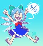  2017 5_fingers 5_toes 9 absurd_res barefoot biped birdkings blue_background blue_clothing blue_hair blue_theme cirno clothed clothing digital_drawing_(artwork) digital_media_(artwork) dress eyelashes eyes_closed fairy feet female fist floating front_view full-length_portrait hair hair_bow hair_ribbon hi_res humanoid humanoid_feet humanoid_hands ice ice_wings jumping light_skin not_furry open_mouth open_smile outline pink_tongue portrait raised_eyebrow ribbons short_hair simple_background smile solo speech_bubble tan_skin toes tongue tooth_gap touhou wings 