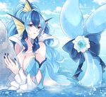  asame21 blue_bow blue_eyes blue_flower blue_hair blue_nails blue_sky bow breasts cleavage day error flower gen_1_pokemon head_fins jewelry large_breasts long_hair looking_to_the_side mermaid monster_girl nail_polish necklace outdoors pearl_necklace personification pokemon rock scales sky solo vaporeon very_long_hair water 
