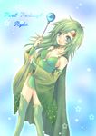  :d asymmetrical_bangs bangs blue_background blue_eyes breasts bridal_gauntlets cape character_name cleavage collarbone commentary_request copyright_name detached_sleeves dress eyebrows_visible_through_hair final_fantasy final_fantasy_iv green_cape green_dress green_hair green_legwear holding holding_staff hoshino long_hair looking_at_viewer medium_breasts nail_polish older open_mouth ribbon-trimmed_sleeves ribbon_trim rydia smile solo spoilers staff standing star teeth thighhighs tiara wide_sleeves 