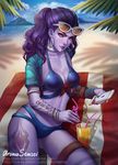  alternate_costume aroma_sensei artist_name bangle beach beach_towel bikini blue_bikini bracelet breasts cellphone choker collarbone cote_d'azur_widowmaker cowboy_shot cup day drinking_glass drinking_straw earrings eyewear_on_head floral_print front-tie_bikini front-tie_top hair_pulled_back hoop_earrings iphone jewelry leg_tattoo lips long_hair looking_at_phone lying medium_breasts navel nose on_side outdoors overwatch palm_tree phone playing_games purple_hair purple_lips purple_skin ribbon_choker shade short_sleeves signature smartphone solo sunglasses swimsuit tattoo tetris towel tree tree_branch watermark wavy_hair web_address white_choker widowmaker_(overwatch) yellow_eyes 