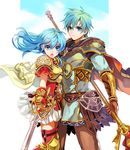  1girl 2900cm aqua_hair armor blue_eyes blue_hair boots brother_and_sister cape eirika ephraim fire_emblem fire_emblem:_seima_no_kouseki fire_emblem_heroes gloves green_eyes highres long_hair looking_at_viewer polearm short_hair siblings sidelocks spear sword thigh_boots thighhighs twins weapon zettai_ryouiki 