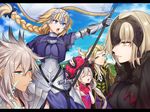  3girls armor armored_dress banner bare_shoulders blonde_hair blue_eyes braid chain clenched_teeth day fate/apocrypha fate/grand_order fate_(series) fur_trim gauntlets hair_between_eyes headpiece jeanne_d'arc_(alter)_(fate) jeanne_d'arc_(fate) jeanne_d'arc_(fate)_(all) karokuchitose letterboxed long_hair looking_at_another marie_antoinette_(fate/grand_order) multiple_boys multiple_girls open_mouth outdoors scar siegfried_(fate) silver_hair single_braid teeth very_long_hair wolfgang_amadeus_mozart_(fate/grand_order) yellow_eyes 