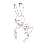  2016 3_toes 4_fingers absurd_res aliasing anthro badge clothed clothing dipstick_ears disney duo female fur gun half-closed_eyes hand_on_hip hi_res holding_object holding_weapon judy_hopps lagomorph line_art lsw249 mammal police_uniform rabbit ranged_weapon signature simple_background solo toes tongue tongue_out uniform weapon white_background wide_hips zootopia 
