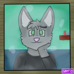  2019 anthro black_border border bust_portrait canid canine canis clothed clothing eyebrows fur furryt_paw green_eyes grey_fur looking_at_viewer male mammal pink_nose portrait solo wolf 