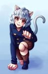  2014 4_fingers animal_humanoid beige_skin blue_background blush cat_humanoid chimera_ant clothed clothing eyelashes feline female fully_clothed grin hair hi_res humanoid hunter_x_hunter legwear lips mammal monorus neferpitou red_eyes simple_background smile socks solo teeth white_hair 