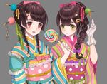  bangs blue_kimono blunt_bangs blush braid brown_hair candy closed_mouth commentary dress food gloves green_eyes green_kimono grey_background hair_ornament hair_ribbon hairclip hairpin han'eri holding_lollipop japanese_clothes kimono lollipop looking_at_viewer multicolored multicolored_clothes multicolored_dress multicolored_kimono multiple_girls obi obiage obijime parted_lips pink_eyes pink_ribbon ribbon sash simple_background smile swept_bangs tied_hair tress_ribbon usamochi. white_gloves 