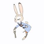  2016 3_toes 4_fingers absurd_res aliasing anthro badge clothed clothing dipstick_ears disney duo female fur gun half-closed_eyes hand_on_hip hi_res holding_object holding_weapon judy_hopps lagomorph lsw249 mammal police_uniform purple_eyes rabbit ranged_weapon signature simple_background solo toes tongue tongue_out uniform weapon white_background wide_hips zootopia 