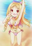  :d absurdres arm_up armpits ball bare_arms bare_legs bare_shoulders beach beachball bikini blonde_hair blush bow breasts brown_eyes collarbone commentary_request day drill_hair eromanga_sensei esureki eyebrows_visible_through_hair fang front-tie_bikini front-tie_top hair_bow halter_top halterneck high_ponytail highres long_hair looking_at_viewer medium_breasts navel object_on_head ocean open_mouth outdoors pink_bow side-tie_bikini sidelocks smile solo standing striped striped_bikini swimsuit tareme transparent twin_drills v yamada_elf 
